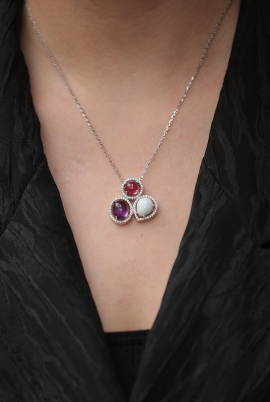 Purple Pink White Zirconia 925 Sterling Silver Necklace